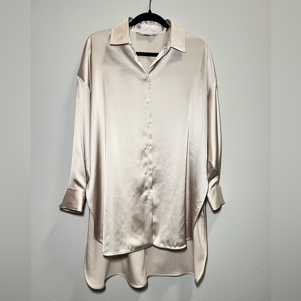 Zara satin button down shirt dress with high slits